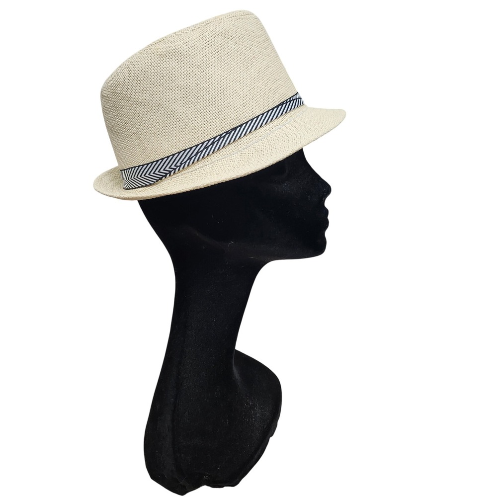 Mens Straw Fedora Hat Beige Black Chevron Band One Size Summer Beach Sun‎